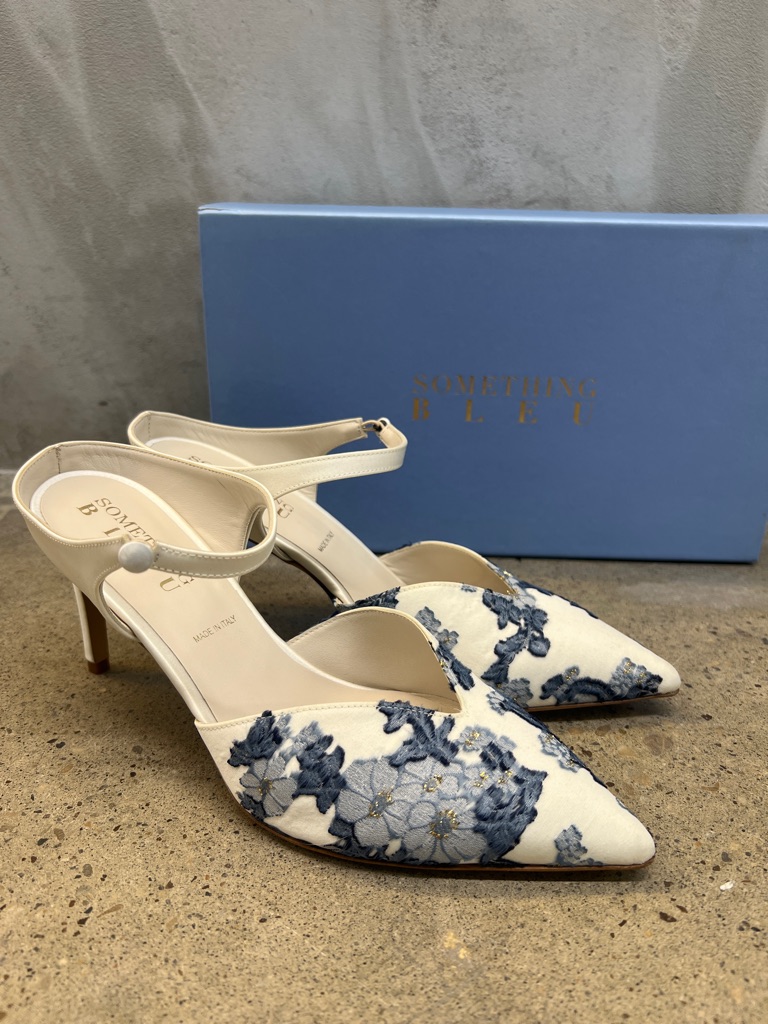 Something Bleu Bridal Cream Slingback Heels With Blue Floral Embroidery